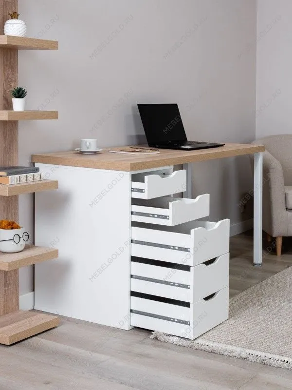 Стол письменный Ингар, 5 ящиков, 140х75х55 см, белый, столешница дуб беленый | изображение 2