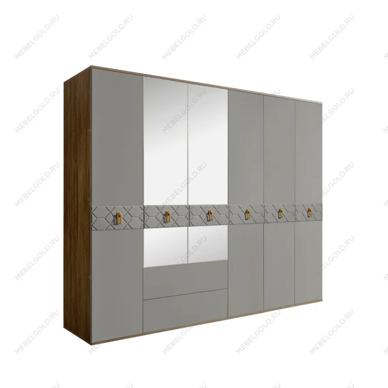 Шкаф 6-ти дверный с зеркалами, с ящиками, Bogemia Woodline Fa (Серый/Золото) БМШ1/61(Fa)