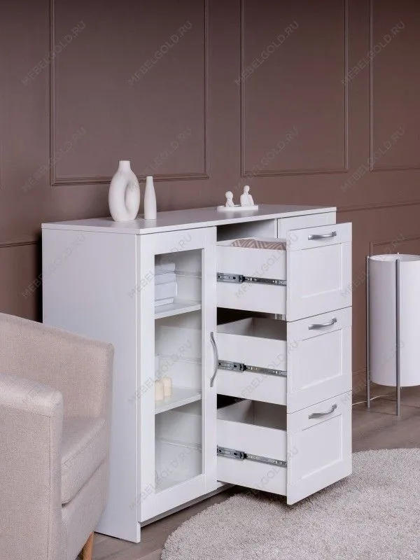 Тумба Сириус, 2 двери со стеклом и 3 ящика, 117х41х95 см, белая | изображение 2