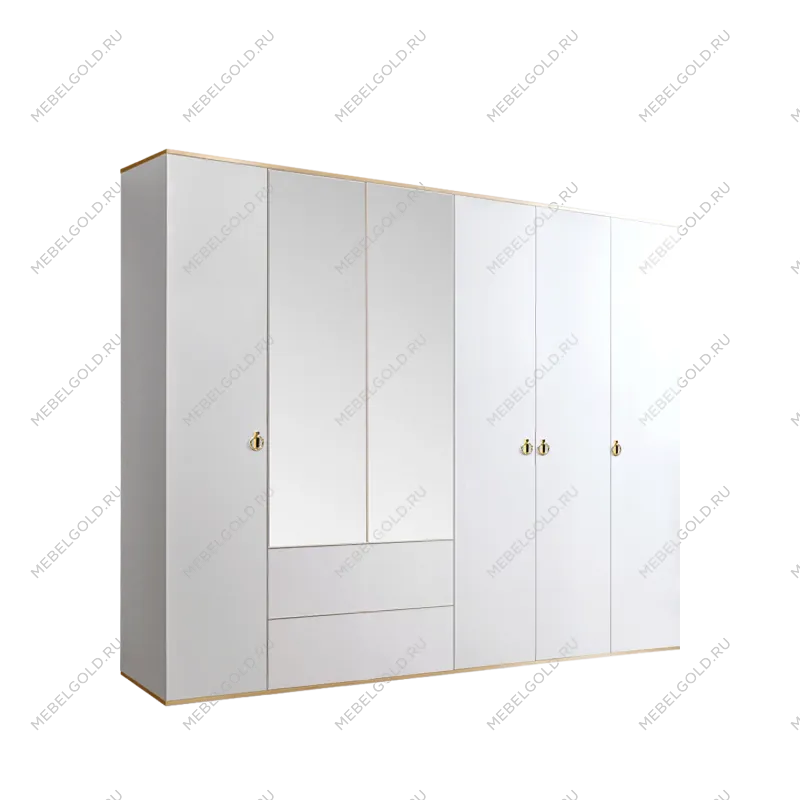 Шкаф 6-ти дверный с зеркалом, с ящиками Римини (Белый/Золото) РМШ1/61