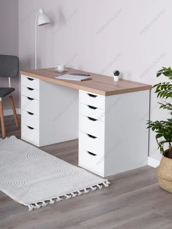 Стол письменный Ингар, 10 ящиков, 140х75х55 см, белый, столешница дуб беленый | изображение 2