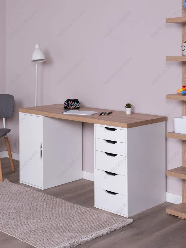 Стол письменный Ингар, с дверцей и 5 ящиками, 140x75x55, белый, столешница дуб беленый | изображение 2