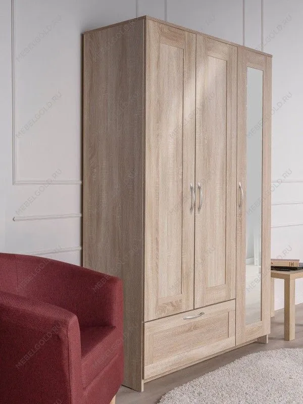 Шкаф Сириус, 3 двери и 1 ящик, 117х50х190 см, с зеркалом, дуб сонома | изображение 1