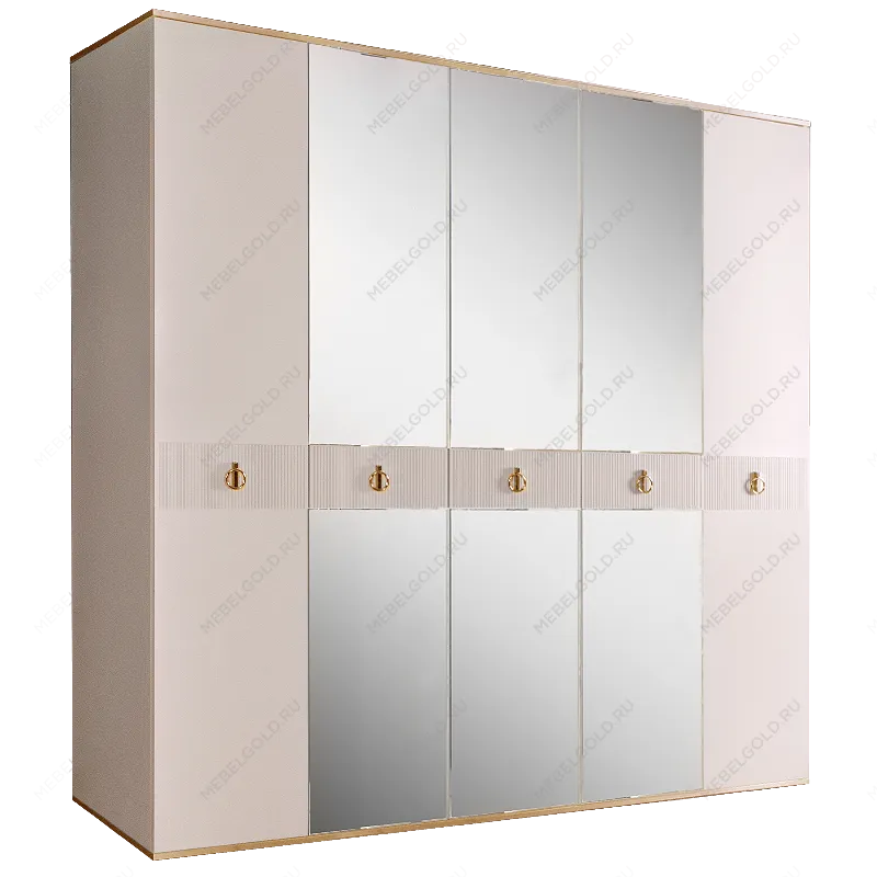Шкаф 5-ти дверный с зеркалом Римини СОЛО (Слоновая кость/Золото) РМШ1/5(s)