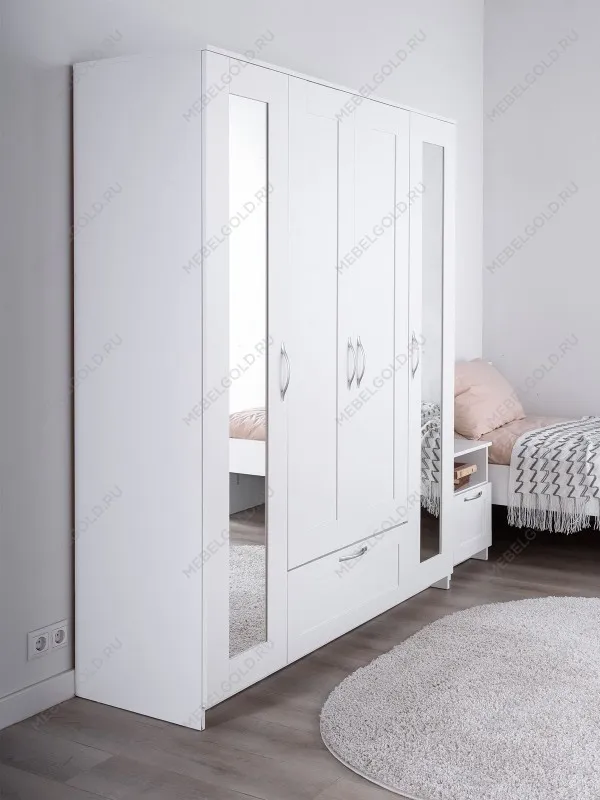 Шкаф Сириус, 4 двери и 1 ящик с зеркалами, 156х50х190 см, белый | изображение 2