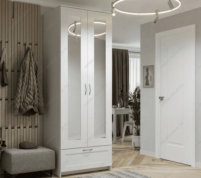 БРИМНЭС / СИРИУС Шкаф двухдверный ИКЕА / IKEA белый с одним выдвижным ящикам и двумя зеркалами | изображение 4