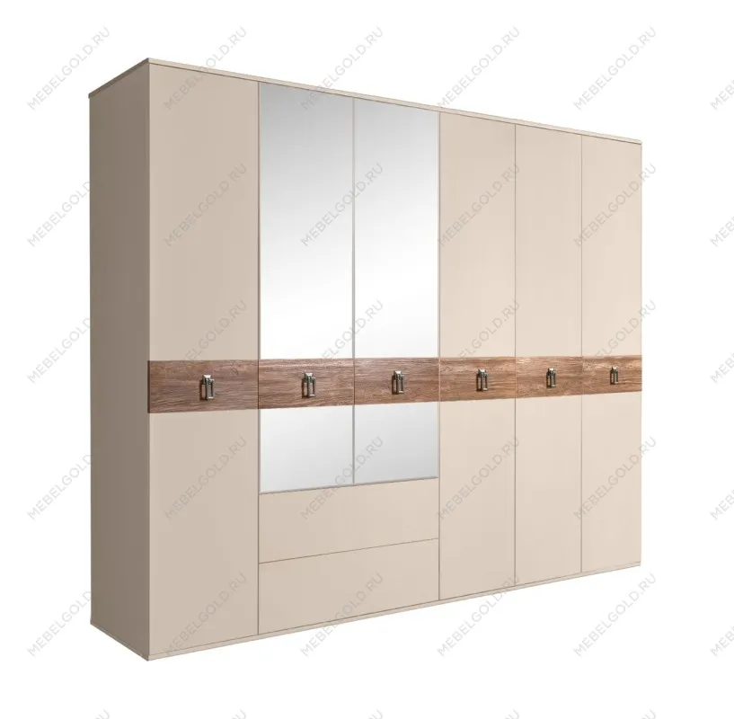 Шкаф 6-ти дверный с зеркалами, с ящиками, Bogemia Wood Fa (Ваниль/Хром) БМШ1/61(Wo)