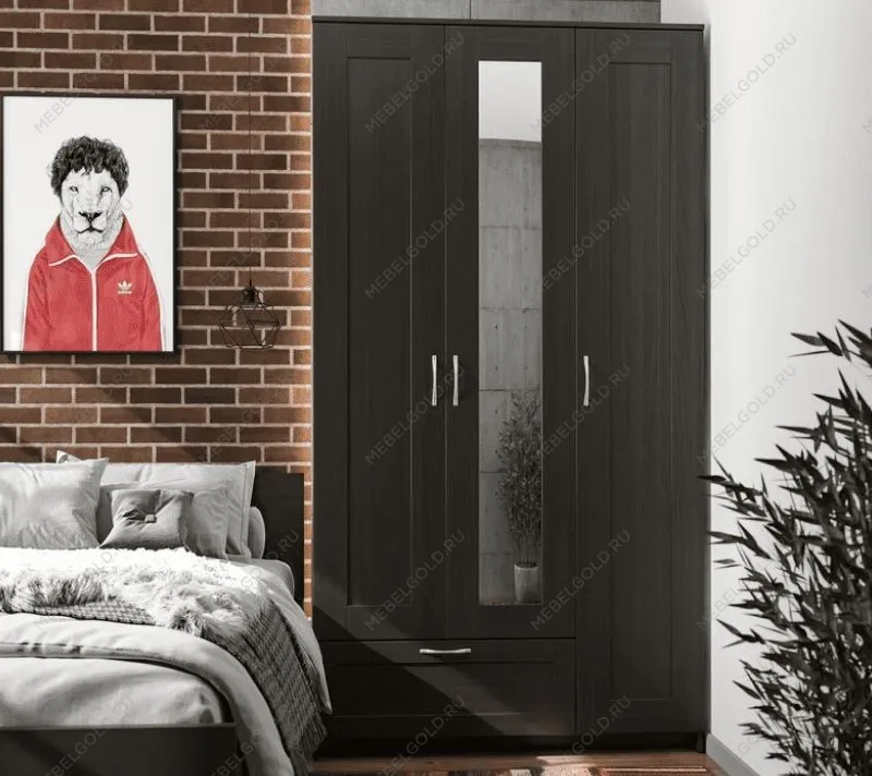 БРИМНЭС / СИРИУС Шкаф трёхдверный ИКЕА / IKEA с одним выдвижным ящиком и зеркалом, Дуб Венге | изображение 4