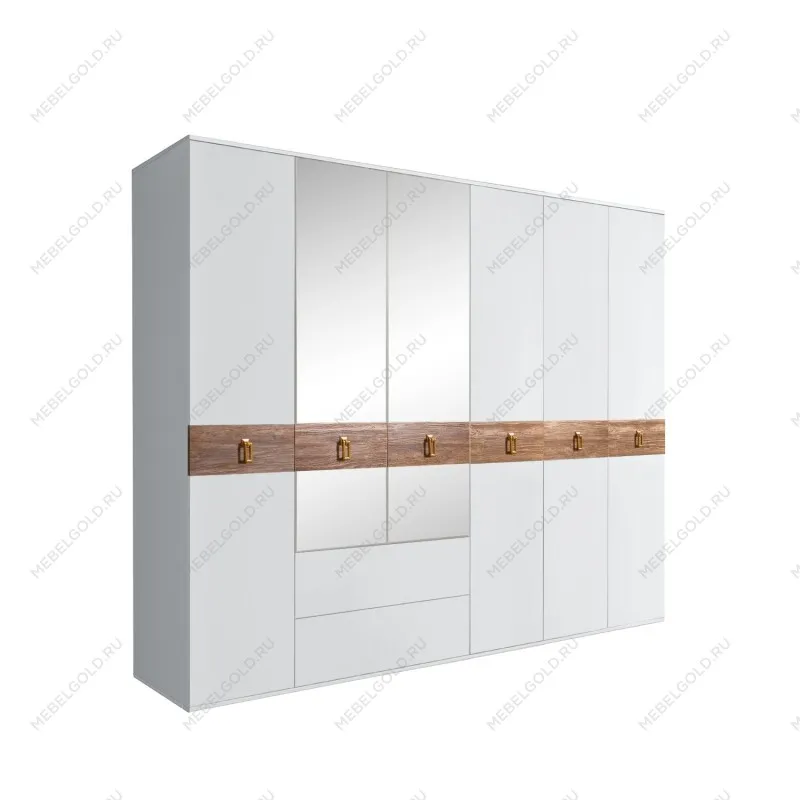Шкаф 6-ти дверный с зеркалами, с ящиками, Bogemia Wood Fa (Белый/Золото) БМШ1/61(Wo)