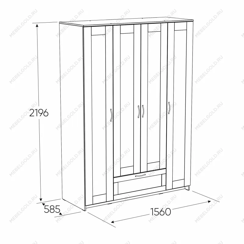 Шкаф Сириус, 4 двери и 1 ящик с зеркалом, 156х59х220 см, белый | изображение 8