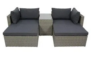 Набор мебели Драмен арт.GS009 серо-коричневый, серый (стол, 2 угл.кресла, 2 пуфа, ротанг серо-корич, подушки серые)