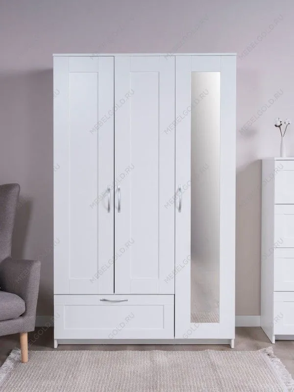 Шкаф Сириус, 3 двери и 1 ящик, 117х50х190 см, с зеркалом, белый | изображение 9