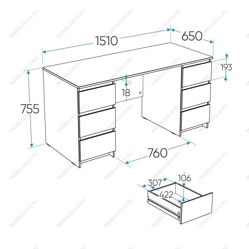 Стол письменный Кастор, 6 ящиков, 151х65х75 см, серый | изображение 13