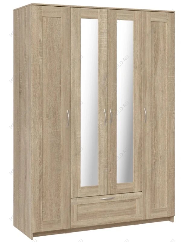 БРИМНЭС / СИРИУС Шкаф четырёхдверный ИКЕА / IKEA с одним выдвижным ящиком и двумя зеркалами, Дуб Сонома