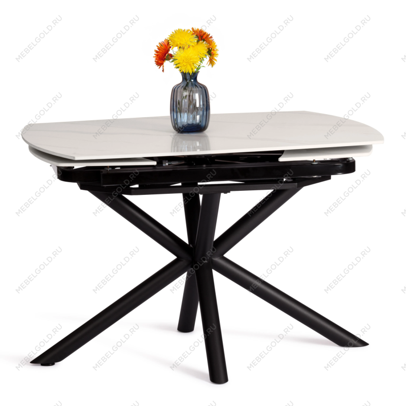 Стол обеденный Winston/Винстон, столешница керамика (глянцевая) / опоры металл, белый/черный, (120+30+30)x80x75(+1) см